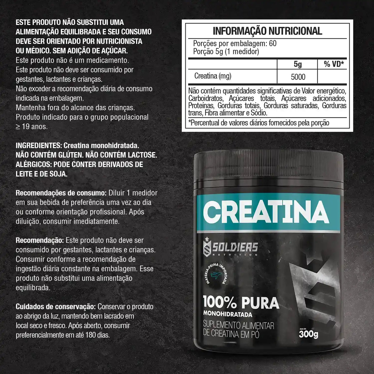 Pote de creatina monohidratada 100% pura, suplemento alimentar em pó, 300g, rótulo preto.