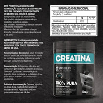Pote de creatina monohidratada 100% pura, suplemento alimentar em pó, 300g, rótulo preto.