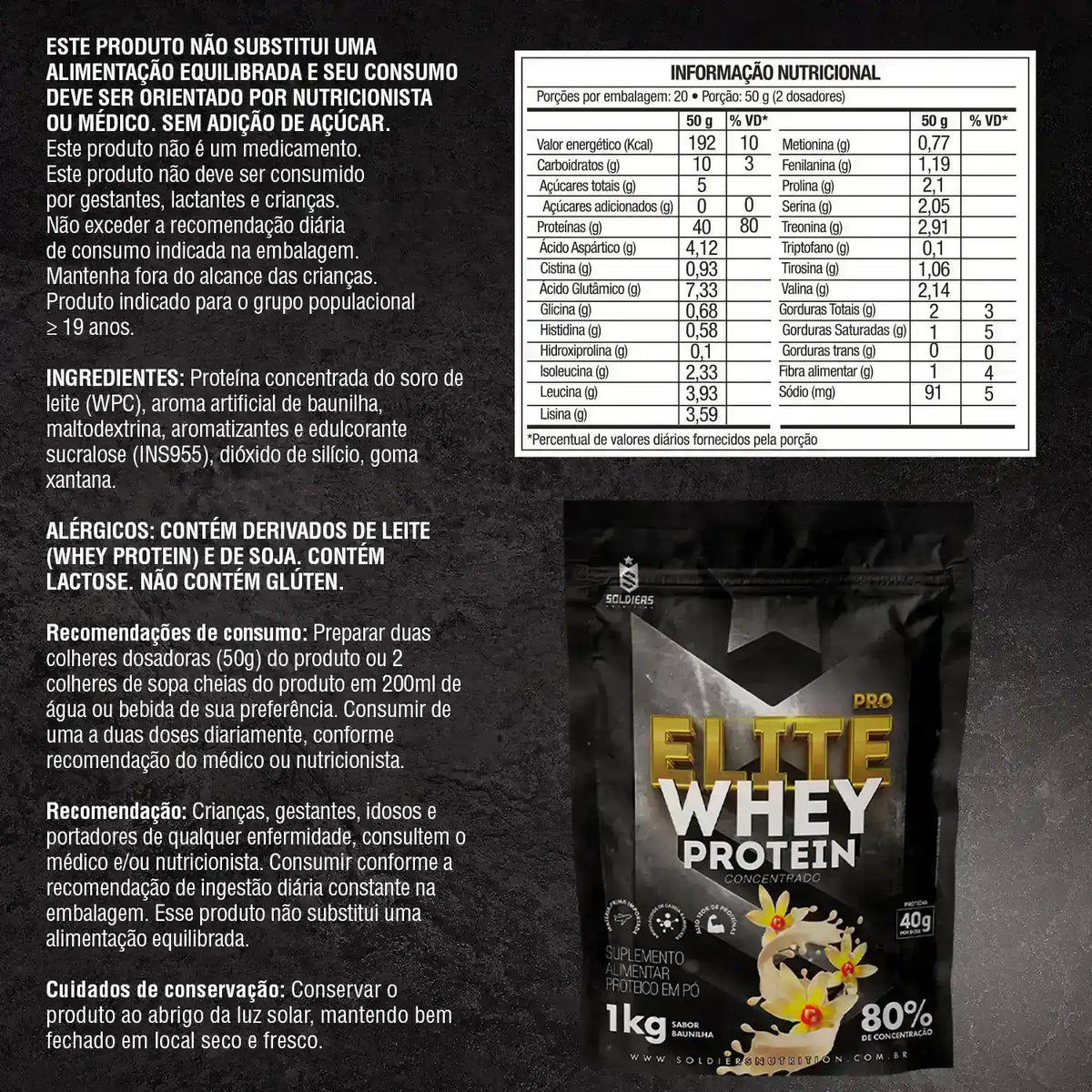 Embalagem de Whey Protein sabor baunilha com tabela nutricional e informações de consumo.