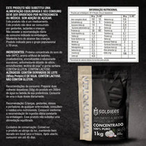 Embalagem de whey protein sabor beijinho 1kg, ingredientes e tabela nutricional destacadas