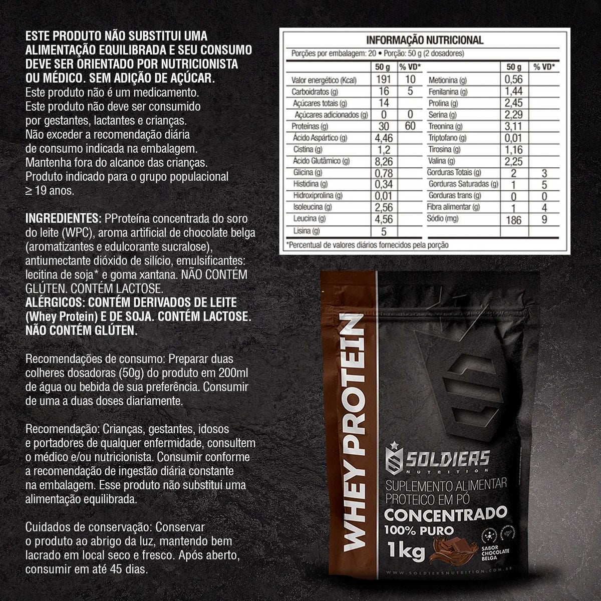 Embalagem de whey protein concentrado sabor chocolate belga de 1kg, informações nutricionais e ingredientes em destaque.