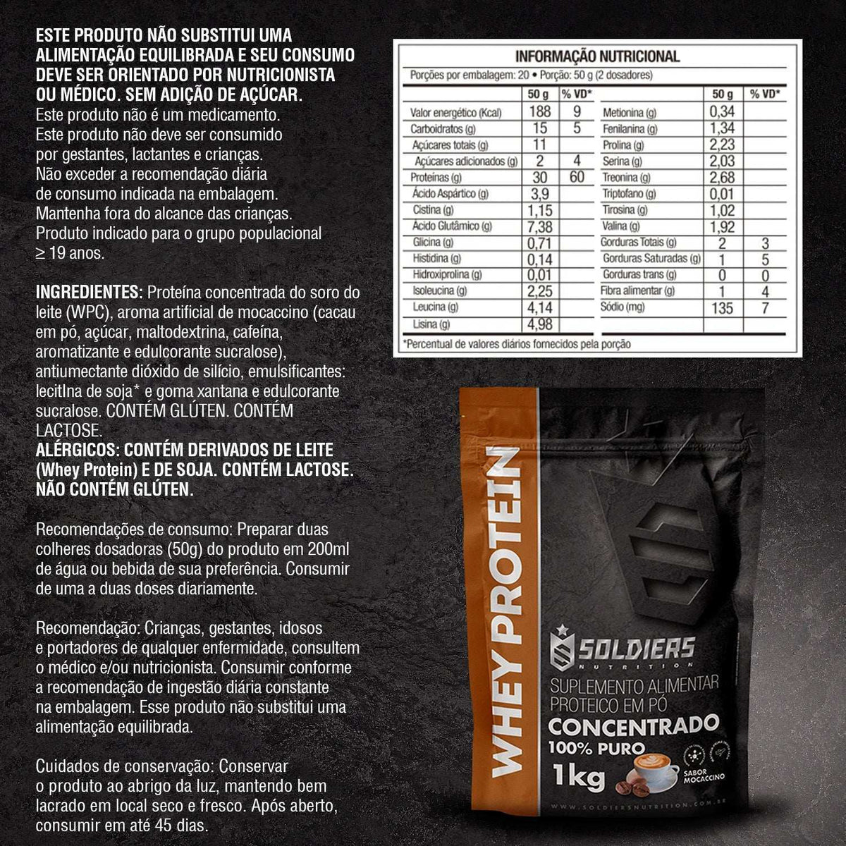 Embalagem de whey protein sabor moça, 1kg, com tabela nutricional ao lado e informações de ingredientes.