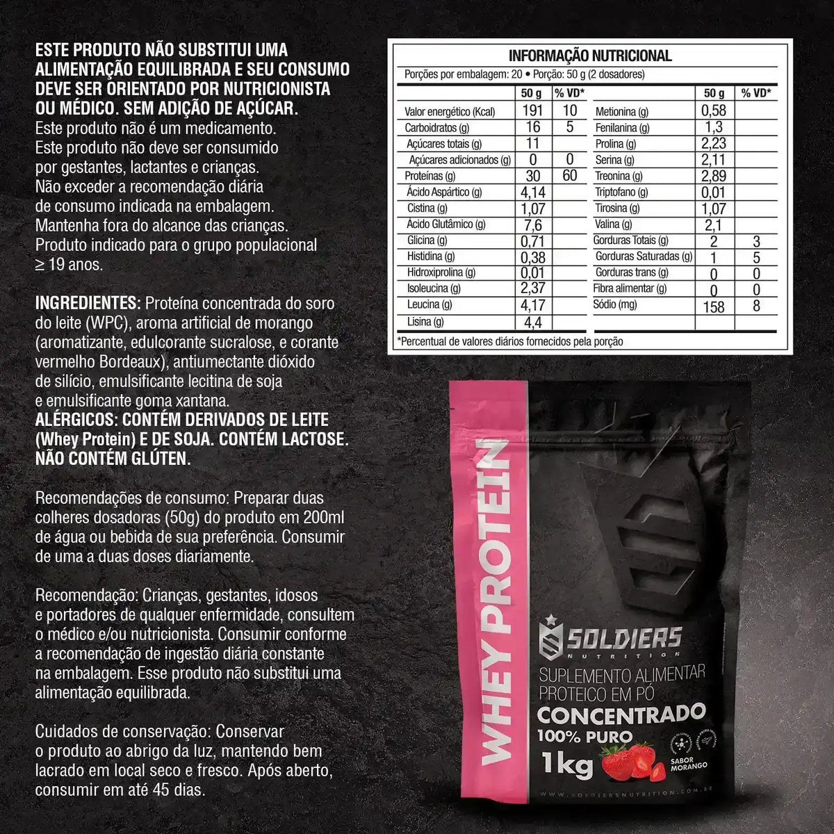 Embalagem de whey protein sabor morango 1kg, suplemento alimentar em pó, com tabela nutricional.