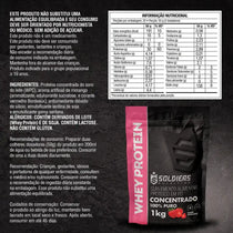 Embalagem de whey protein sabor morango 1kg, suplemento alimentar em pó, com tabela nutricional.