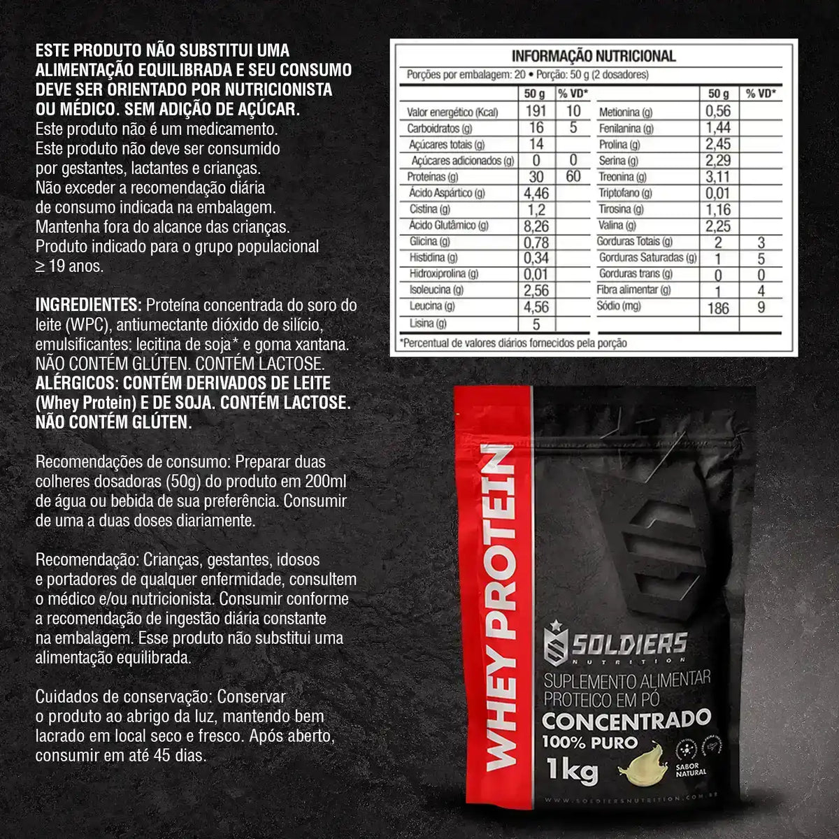 Embalagem de whey protein concentrado 1kg sabor natural, tabela nutricional e informações de ingredientes.