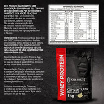 Embalagem de whey protein concentrado 1kg sabor natural, tabela nutricional e informações de ingredientes.