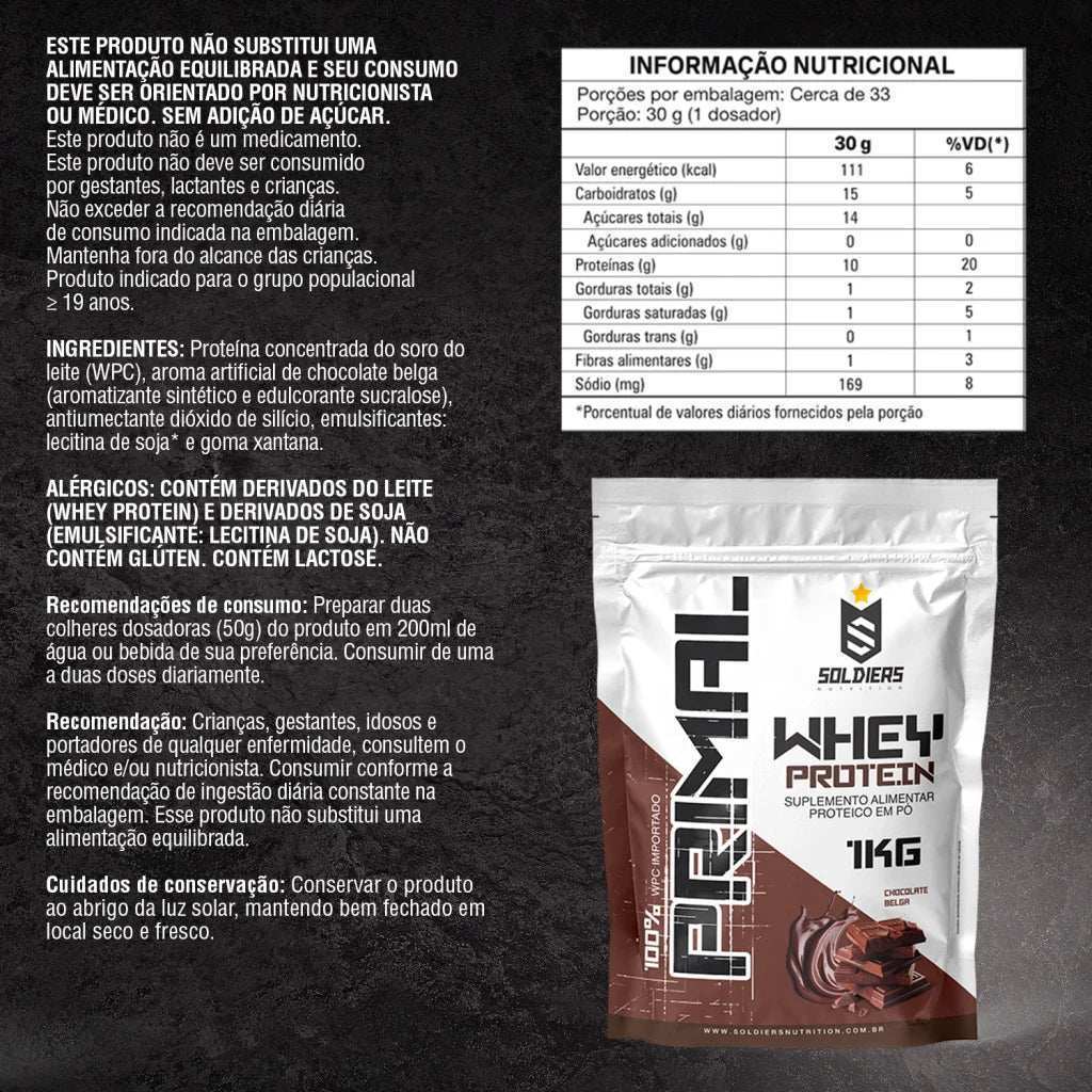 Embalagem de whey protein sabor chocolate Soldiers Nutrition, suplemento alimentar em pó, com informações nutricionais em destaque.