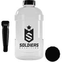 Galão transparente para água de academia com tampa preta e logo Soldiers Nutrition.