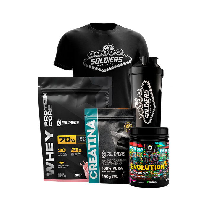 Kit Mr Olympia 2026 completo (Whey Core, Creatina, Pré-Treino Evolution, Camiseta Dry Vegas e Coqueteleira Slim Vegas) - sabor Morango