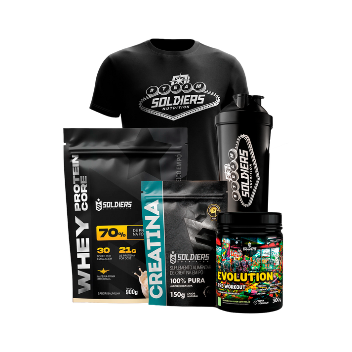 Kit Mr Olympia 2026 completo (Whey Core, Creatina, Pré-Treino Evolution, Camiseta Dry Vegas e Coqueteleira Slim Vegas) - sabor Baunilha