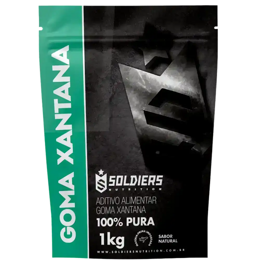 Embalagem de goma xantana 1kg, aditivo alimentar pura, sabor natural, rótulo preto e verde.
