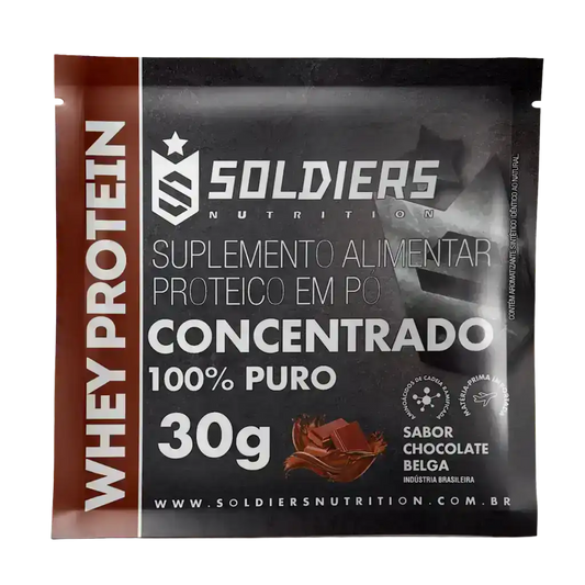 Sachê de suplemento alimentar whey protein concentrado 30g sabor chocolate belga