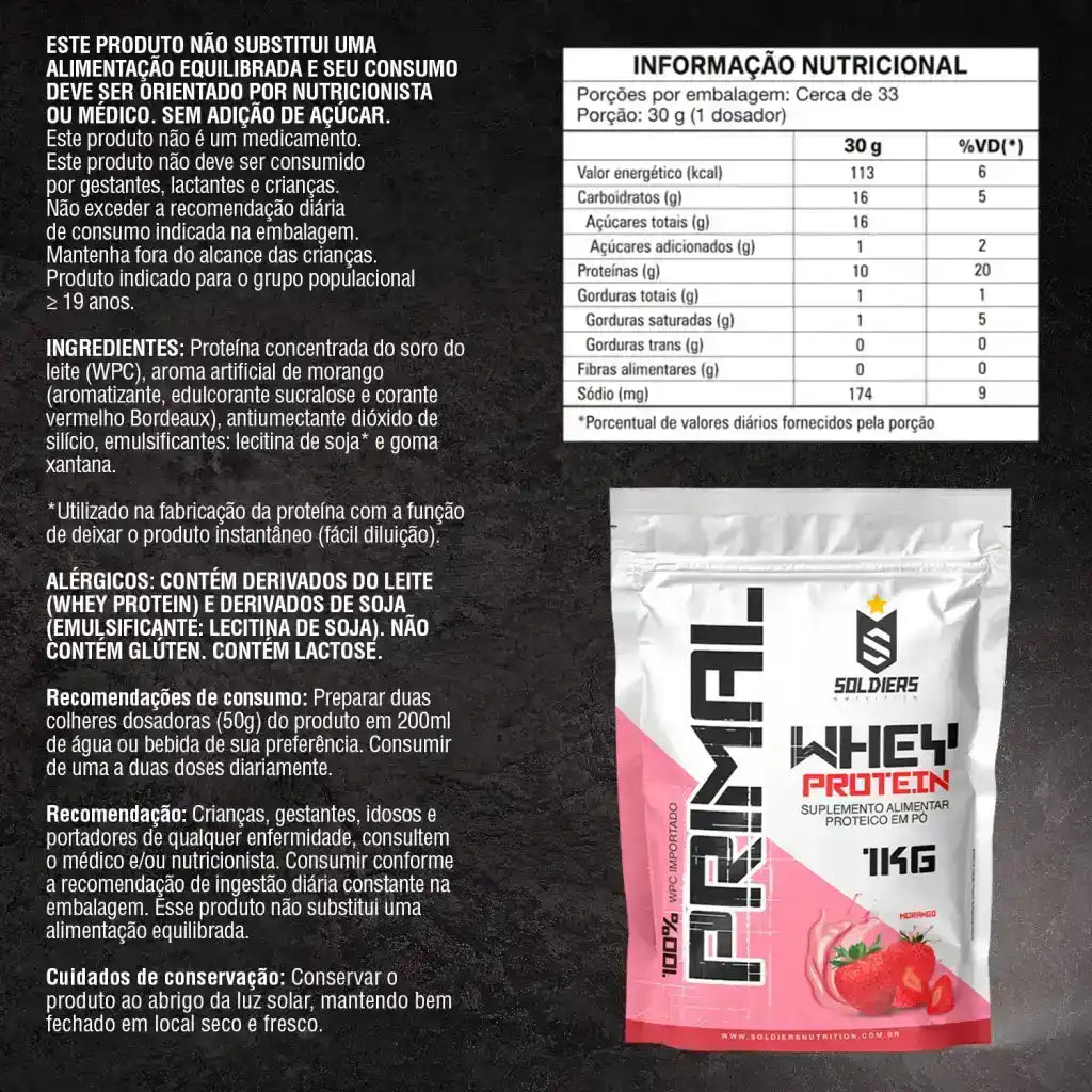 Embalagem de whey protein sabor morango 1kg, suplemento alimentar em pó, com tabela nutricional.