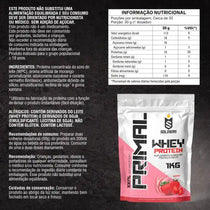 Embalagem de whey protein sabor morango 1kg, suplemento alimentar em pó, com tabela nutricional.