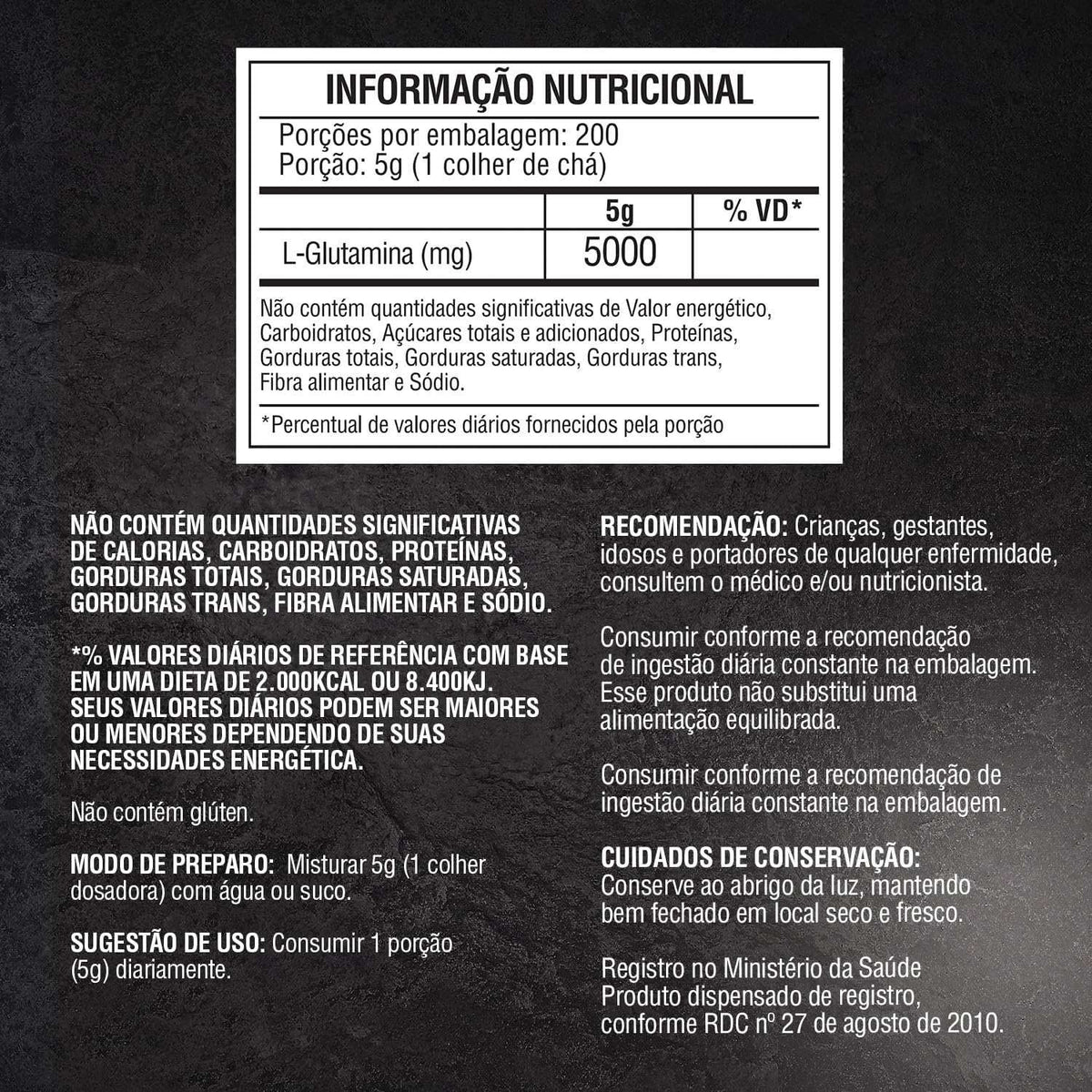 Rótulo de suplemento com tabela nutricional de L-glutamina em pó, 5000 mg por dose, 200 porções.