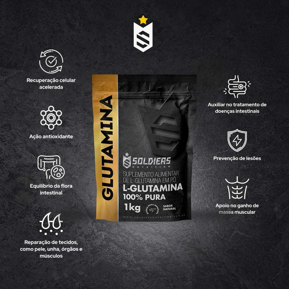 Embalagem de suplemento alimentar L-Glutamina 100% pura 1kg, benefícios destacados ao redor.