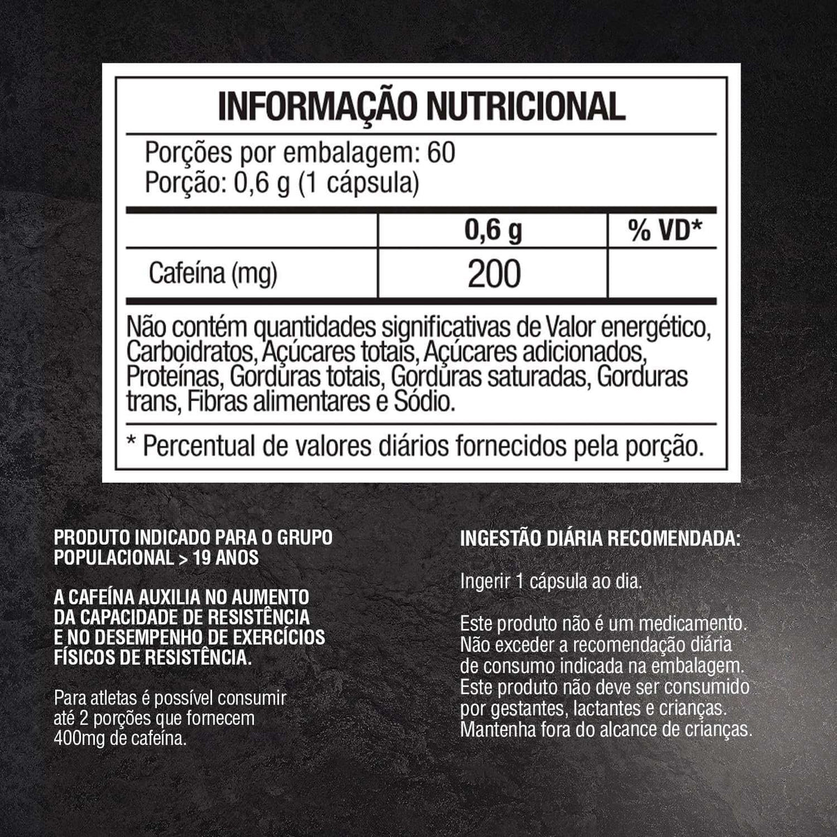 Tabela nutricional cápsulas de cafeína 200mg, informações de uso e recomendações para atletas.