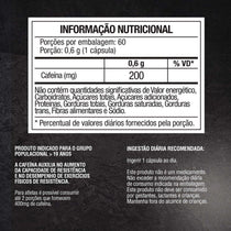Tabela nutricional cápsulas de cafeína 200mg, informações de uso e recomendações para atletas.