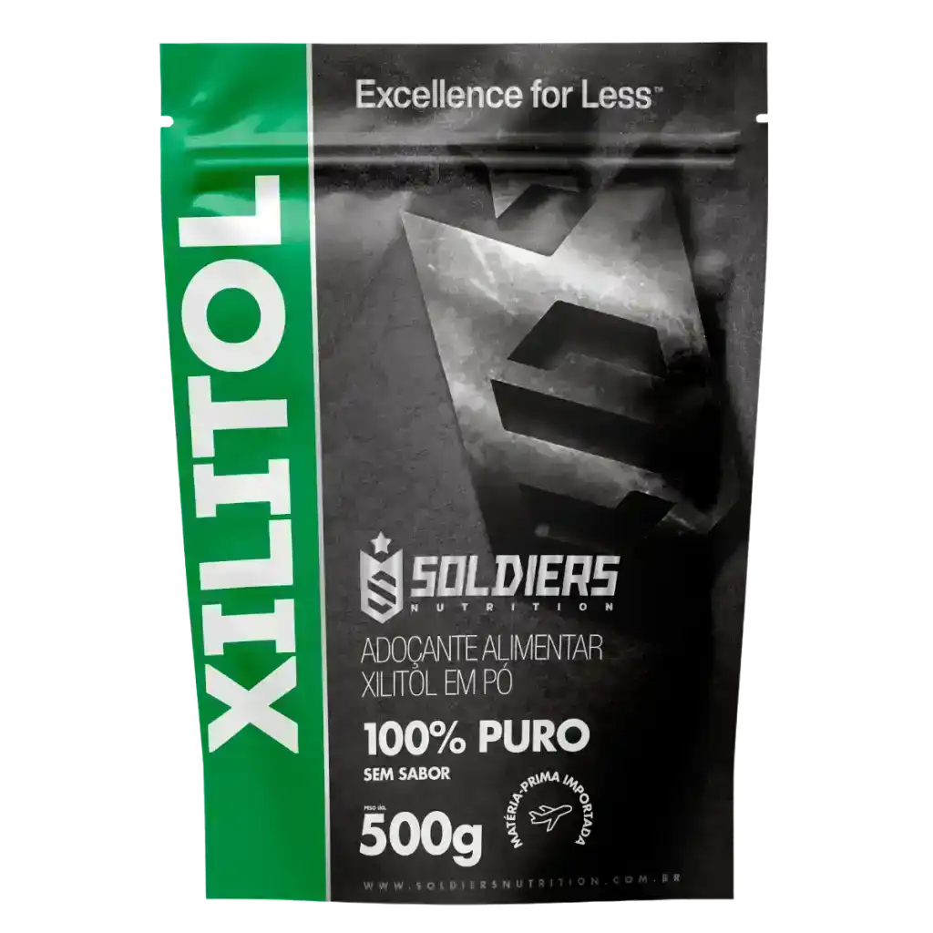 Embalagem de adoçante alimentar xilitol em pó, 100% puro, 500g, sem sabor.