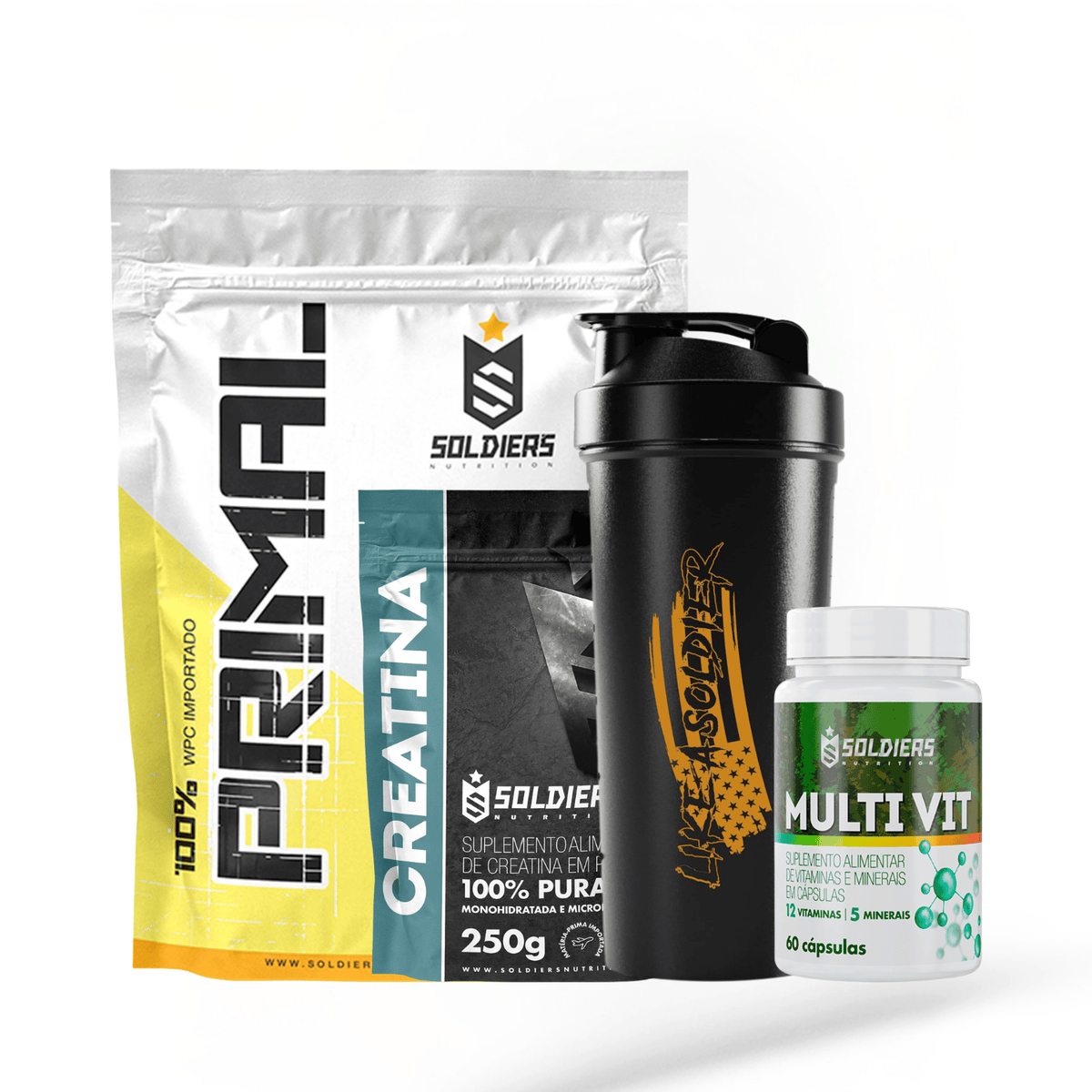 Kit Iniciante Whey Primal 1Kg + Creatina 250g + Multi Vita 60 Cáps + Coqueteleira 600ml