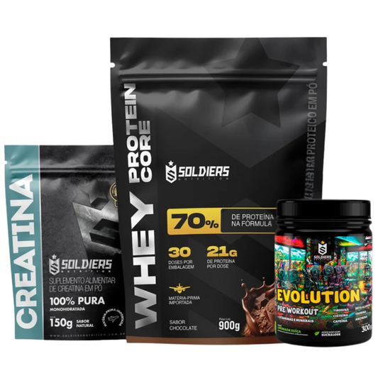 Kit Whey Core 900g Baunilha + Pré-Treino Evoluition 300g Uva Verde com Melão + Creatina 150g