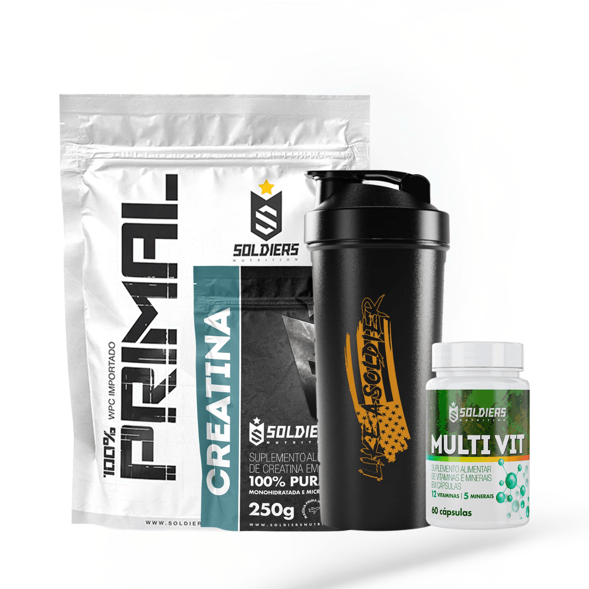 Kit Iniciante Whey Primal 1Kg + Creatina 250g + Multi Vita 60 Cáps + Coqueteleira 600ml