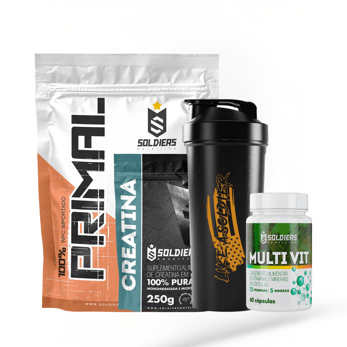 Kit Iniciante Whey Primal 1Kg + Creatina 250g + Multi Vita 60 Cáps + Coqueteleira 600ml