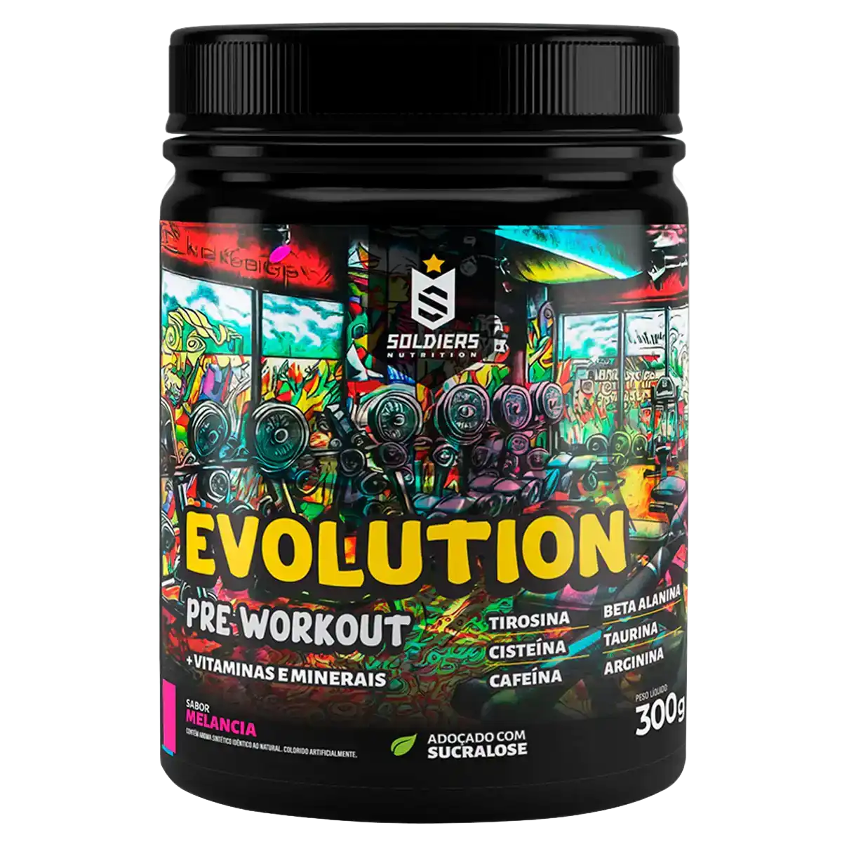 Pote de suplemento pré-treino Evolution sabor melancia, 300g, com vitaminas, minerais e sucralose.