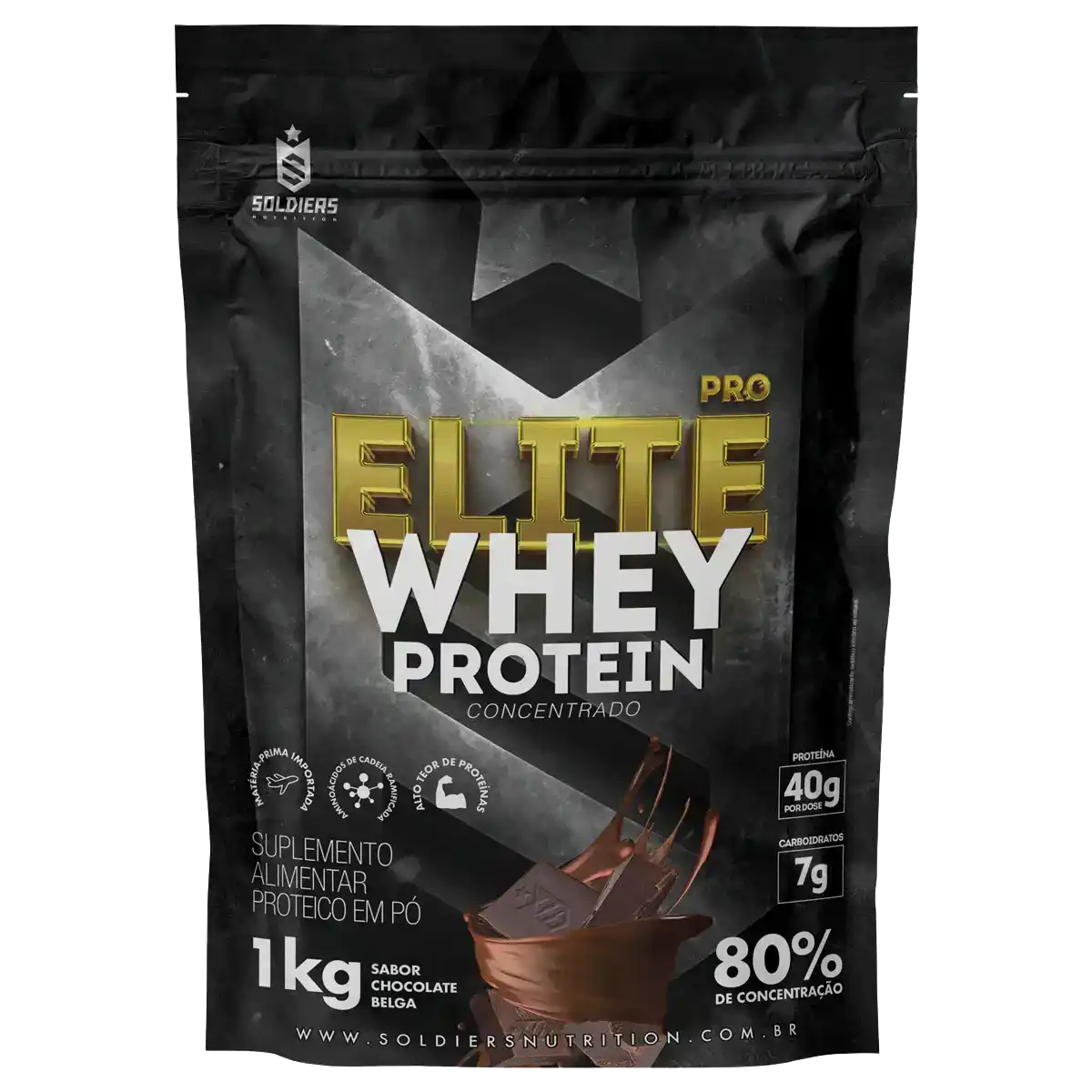Pote de suplemento alimentar Elite Whey Protein concentrado sabor chocolate belga, 1kg.