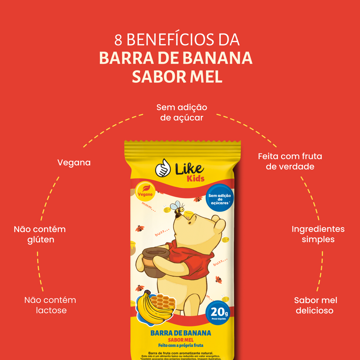 Barrinha de Banana Sem Açúcar Sabor Mel 20g - Like Kids