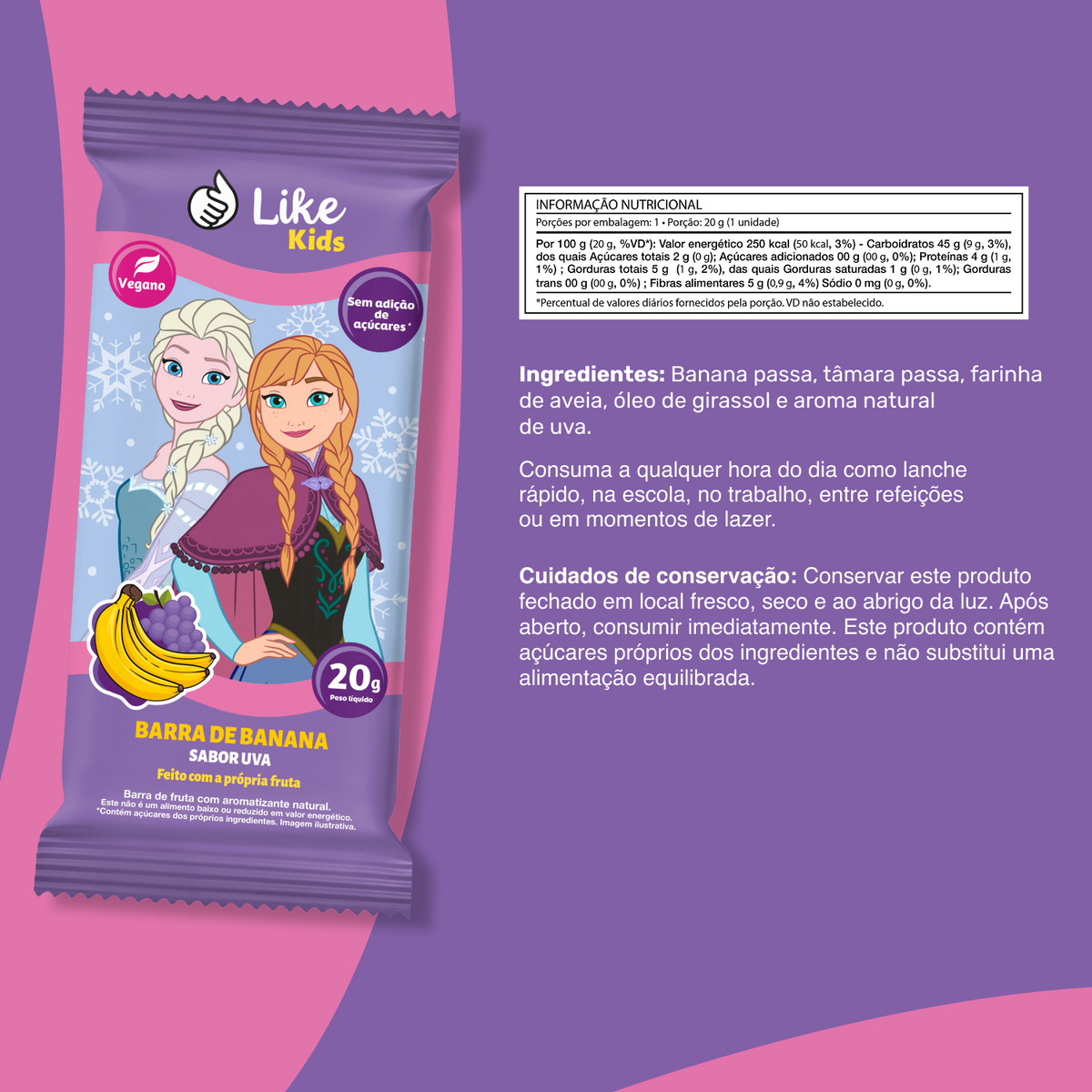 Barrinha de Banana Sem Açúcar Sabor Uva 20g  - Like Kids