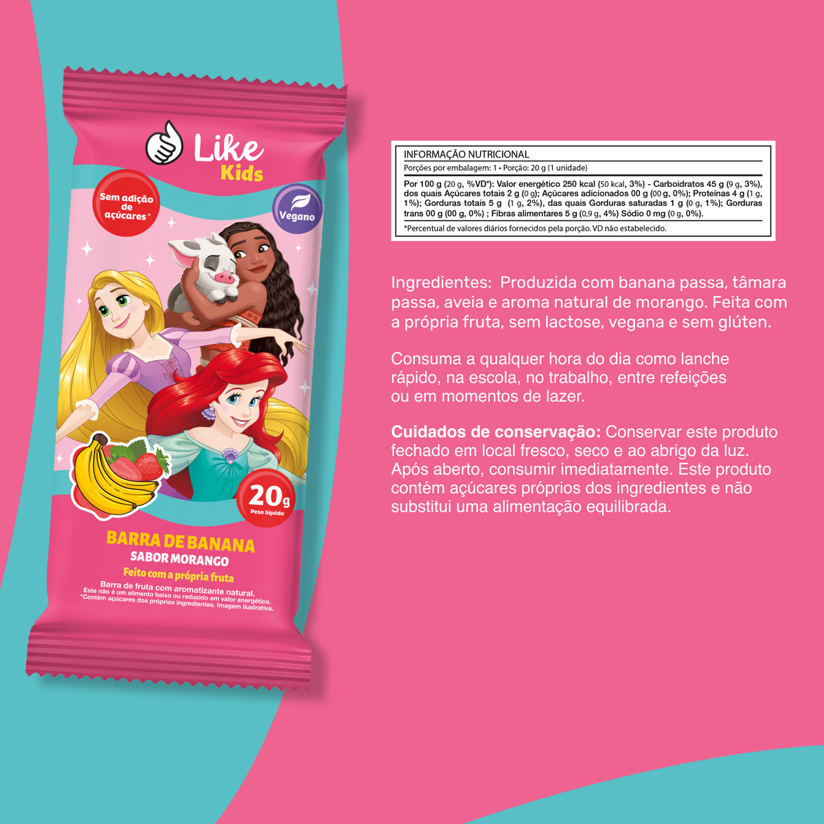 Barrinha de Banana Sem Açúcar Sabor Morango 20g - Like Kids