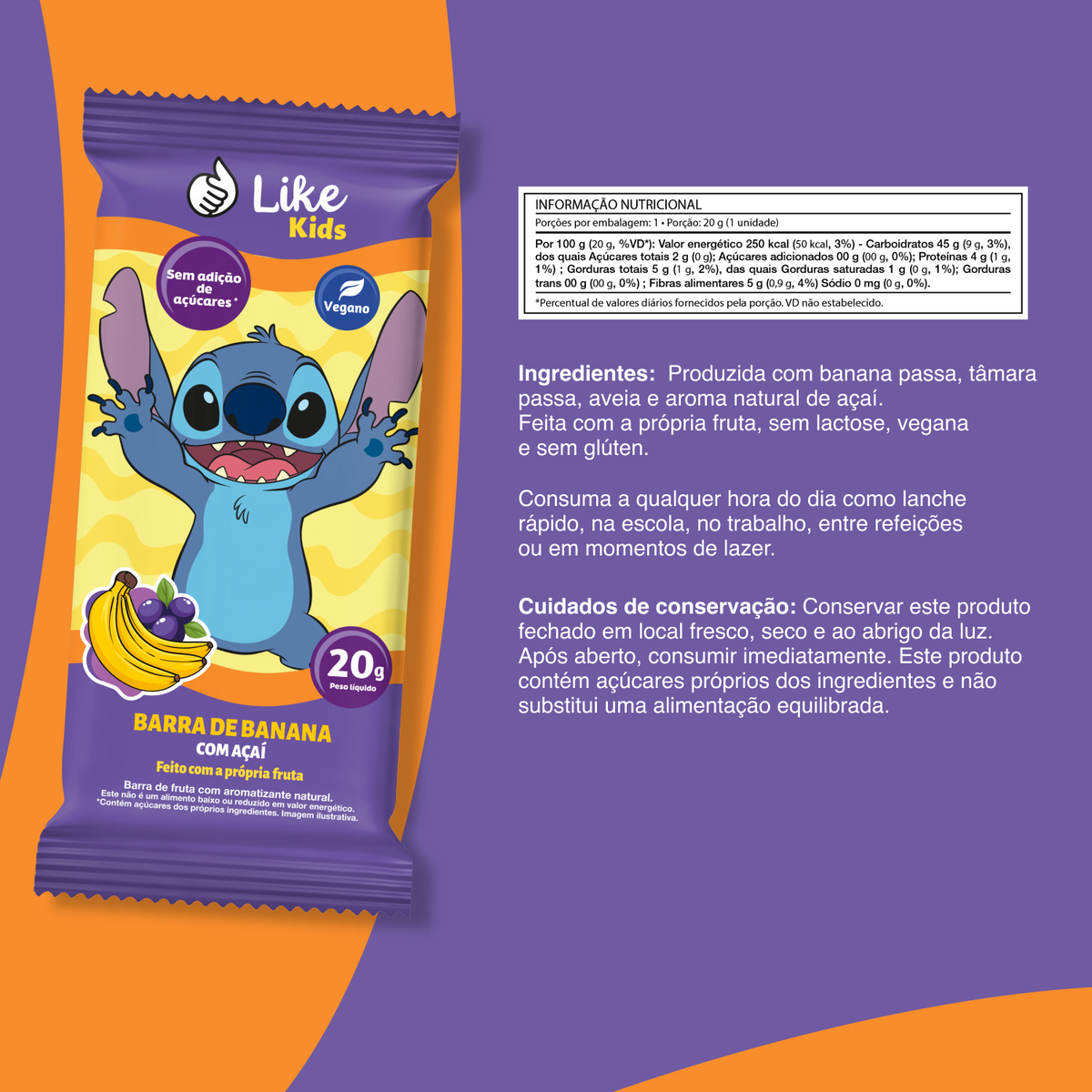 Barrinha de Banana Sem Açúcar Sabor Açaí 20g - Like Kids