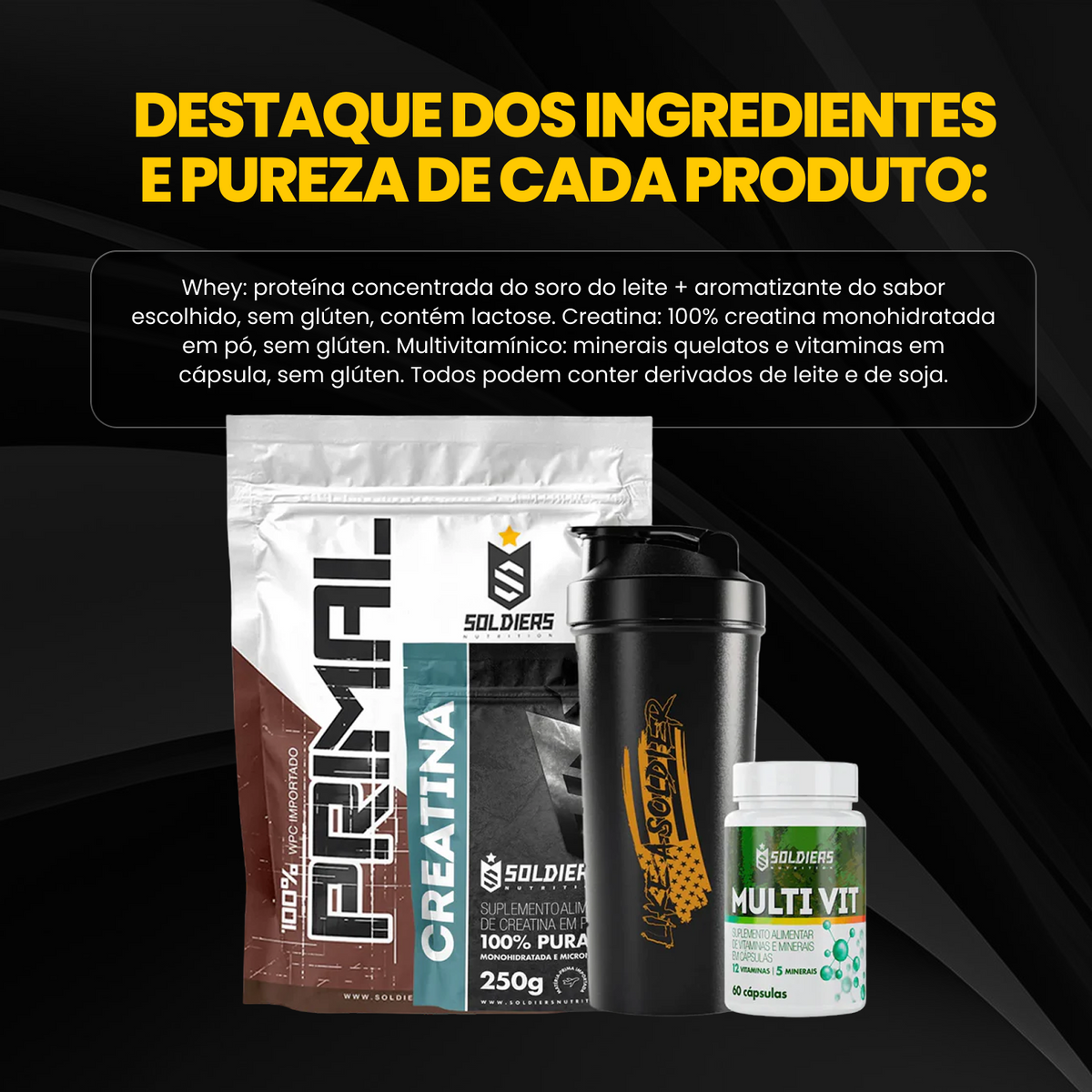 Kit Iniciante Whey Primal 1Kg + Creatina 250g + Multi Vita 60 Cáps + Coqueteleira 600ml