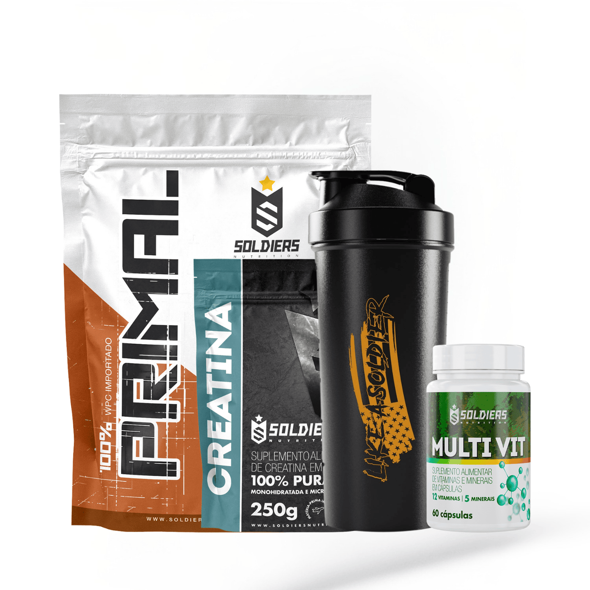 Kit Iniciante Whey Primal 1Kg + Creatina 250g + Multi Vita 60 Cáps + Coqueteleira 600ml