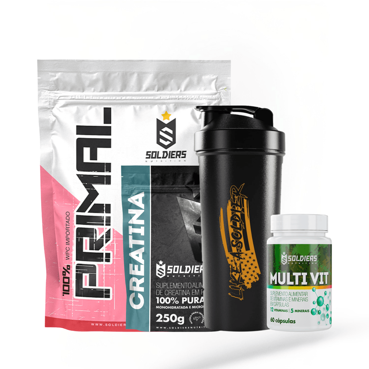 Kit Iniciante Whey Primal 1Kg + Creatina 250g + Multi Vita 60 Cáps + Coqueteleira 600ml
