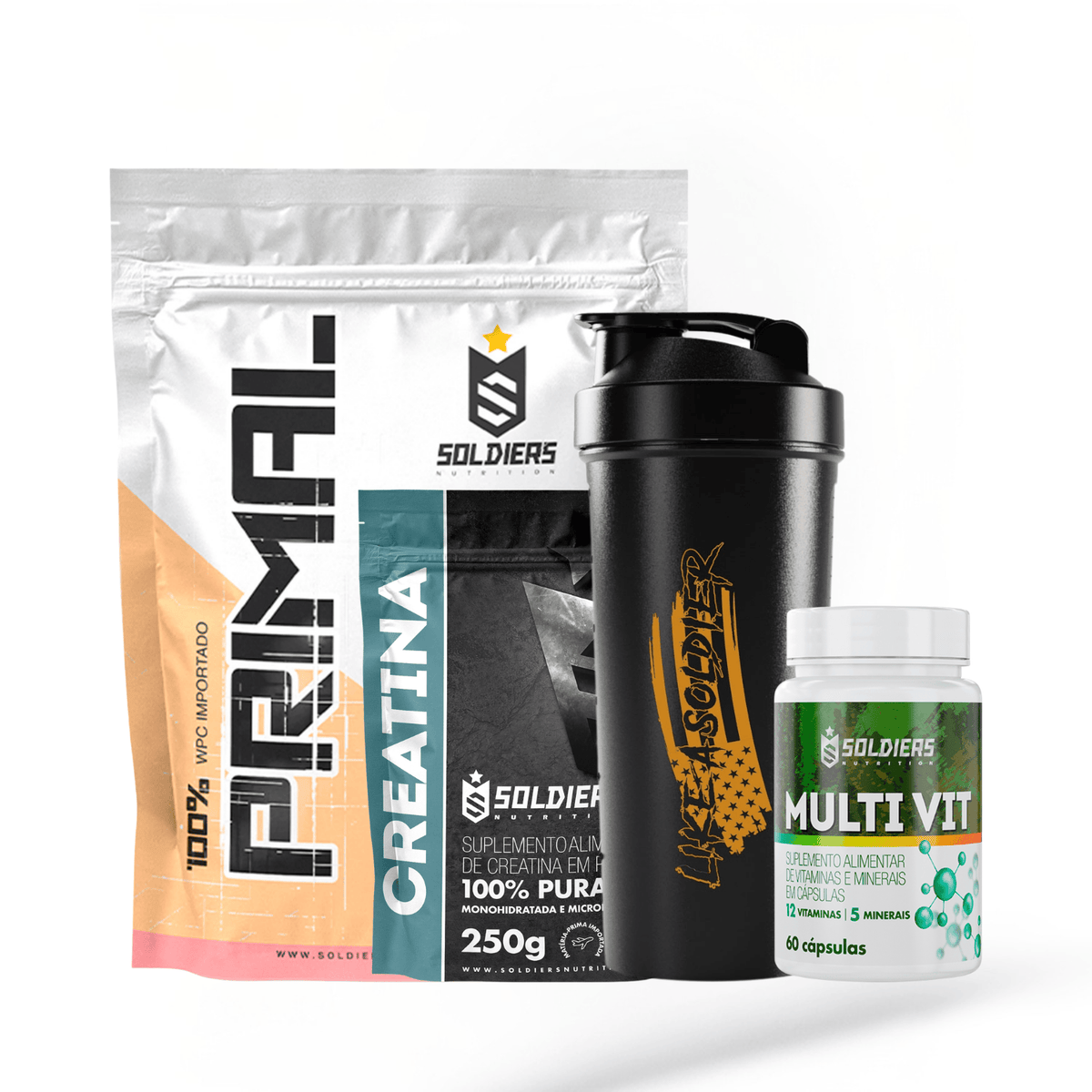 Kit Iniciante Whey Primal 1Kg + Creatina 250g + Multi Vita 60 Cáps + Coqueteleira 600ml