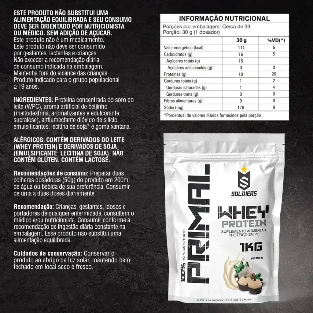 Embalagem de suplemento alimentar Whey Protein sabor beijinho, informações nutricionais visíveis.