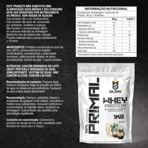 Embalagem de suplemento alimentar Whey Protein sabor beijinho, informações nutricionais visíveis.