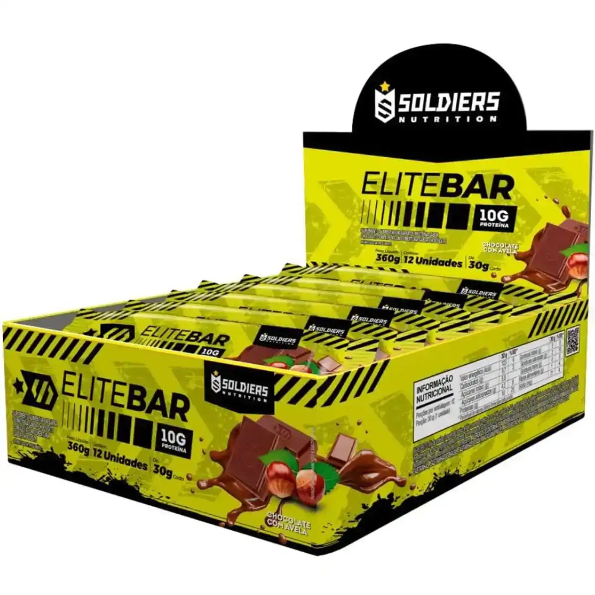 Caixa de barras de proteína EliteBar sabor chocolate com avelã, 10g de proteína cada, embalagem amarela.