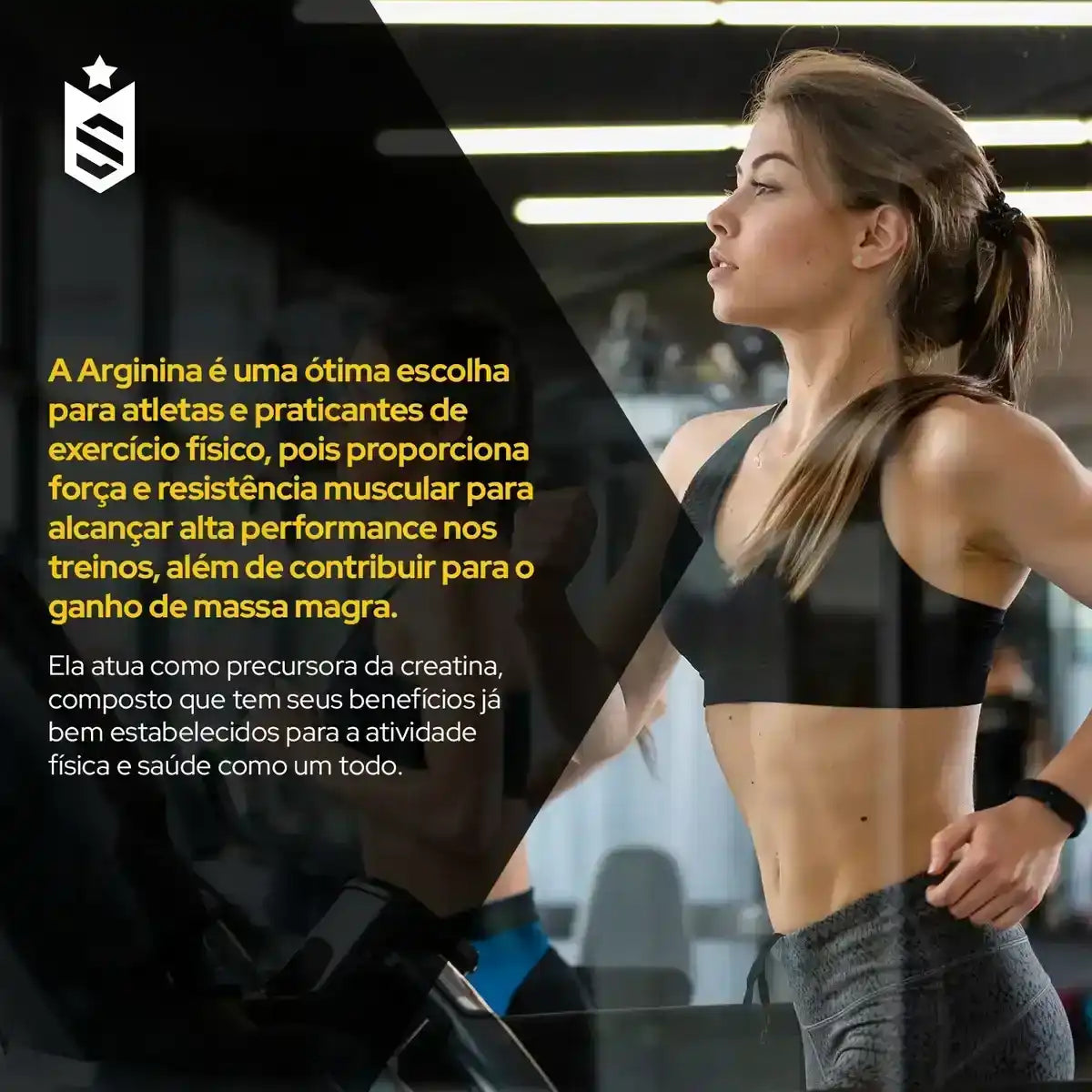 Mulher praticando exercício em academia, texto destaca benefícios da arginina para desempenho físico.