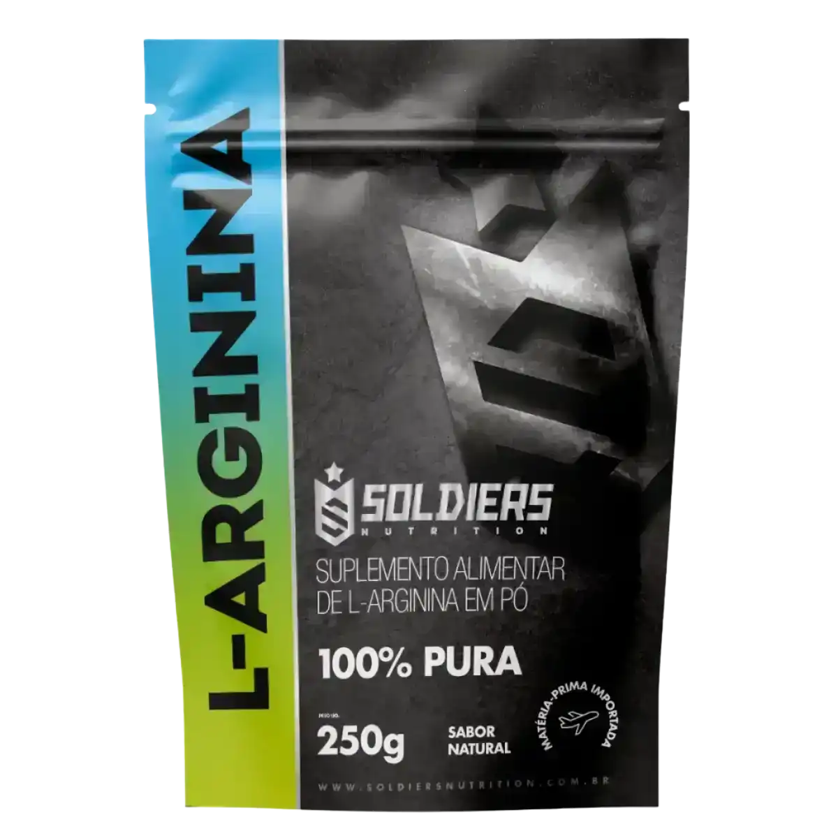 Embalagem de suplemento alimentar L-Arginina em pó, 250g, 100% pura, sabor natural.