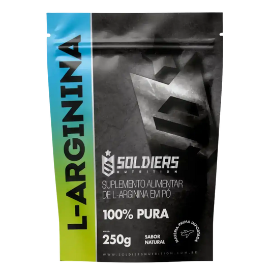 Embalagem de suplemento alimentar L-Arginina em pó, 250g, 100% pura, sabor natural.