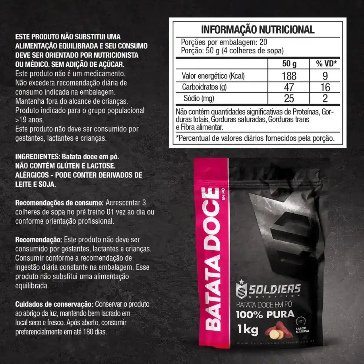 Embalagem de batata doce em pó 100% pura, 1kg, com informações nutricionais e ingredientes.