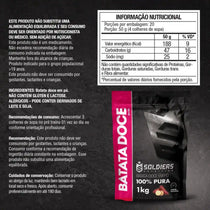 Embalagem de batata doce em pó 100% pura, 1kg, com informações nutricionais e ingredientes.