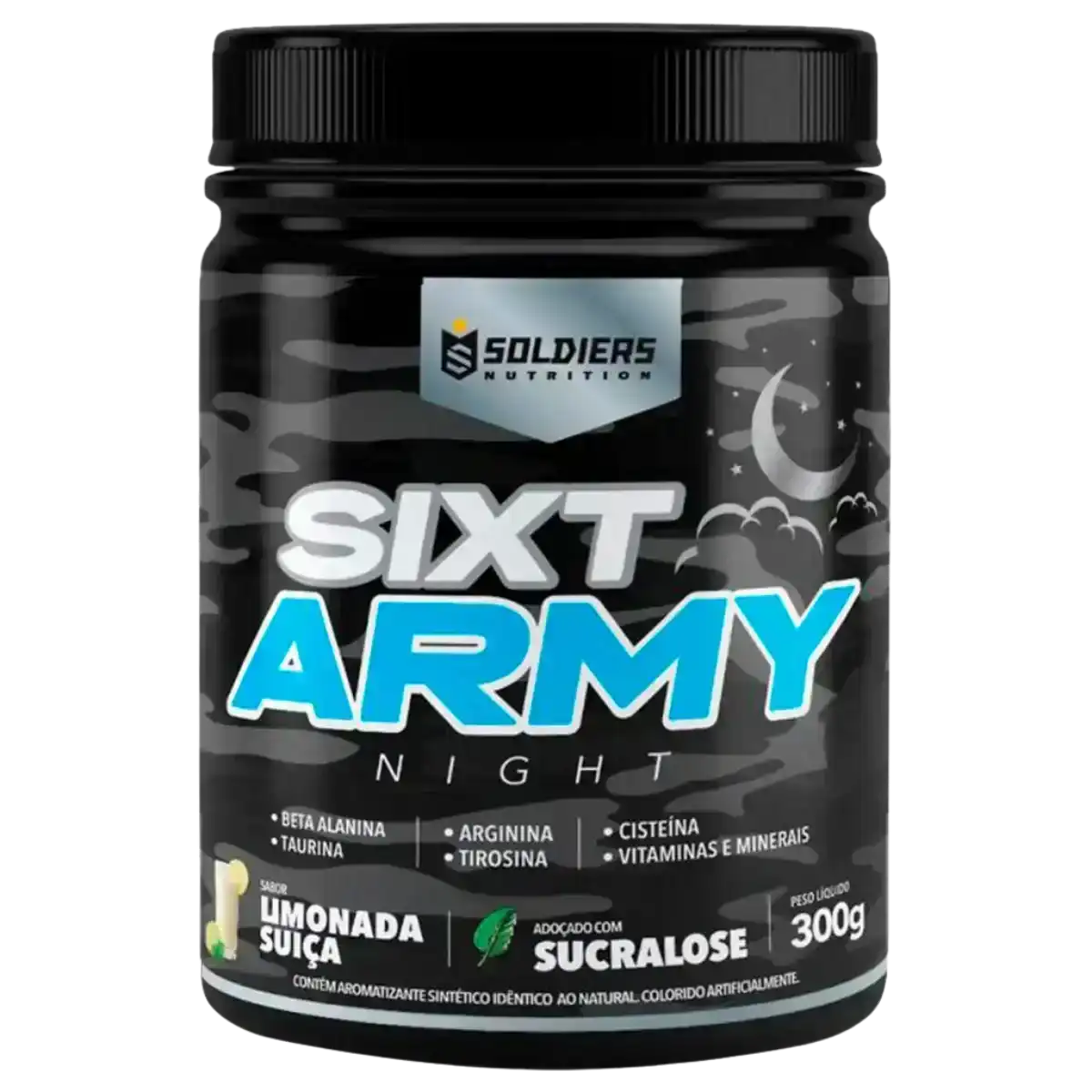 Pote de suplemento Sixt Army Night sabor limonada suíça, com 300g, ingredientes beta alanina, taurina, arginina, vitaminas.