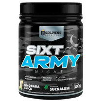 Pote de suplemento Sixt Army Night sabor limonada suíça, com 300g, ingredientes beta alanina, taurina, arginina, vitaminas.