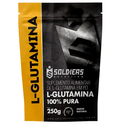 Embalagem de suplemento alimentar L-Glutamina em pó 100% pura, 250g, sabor natural.