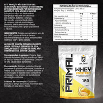 Embalagem de whey protein sabor banana com informações nutricionais e ingredientes visíveis