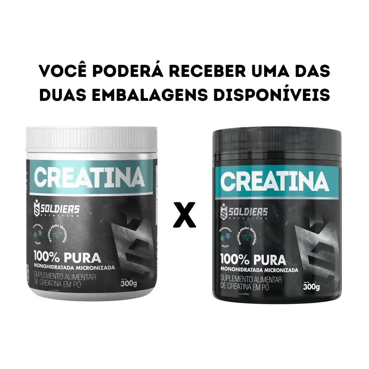 Dois potes de creatina pura monohidratada micronizada 300g, embalagens diferentes.